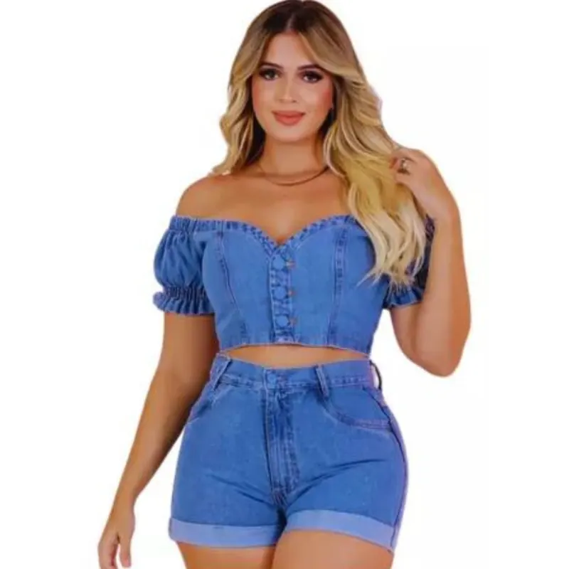 Conjunto Jeans Cropped Ombro Vazado + Short